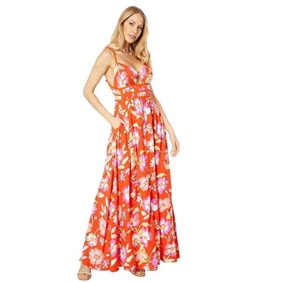 Free People Wisteria Maxi Dress Orange Floral Lightweight Open Back Sleeveless - Picture 4 of 14